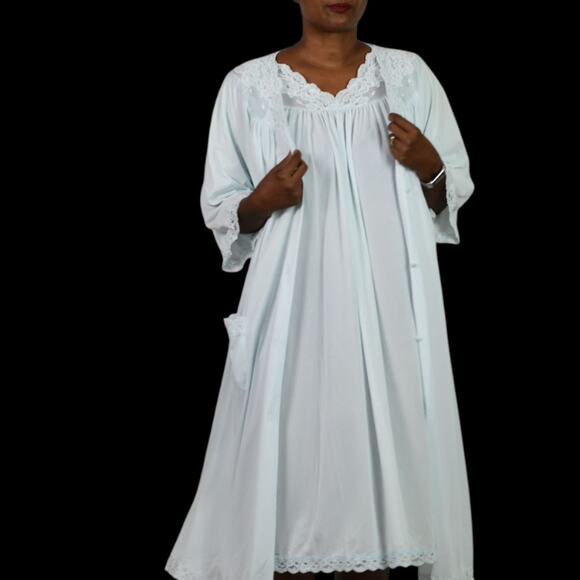 Vintage Shadowline Peignoir Set Blue Powder Chiffon Sheer Nylon Gown Robe XL - Picture 1 of 16